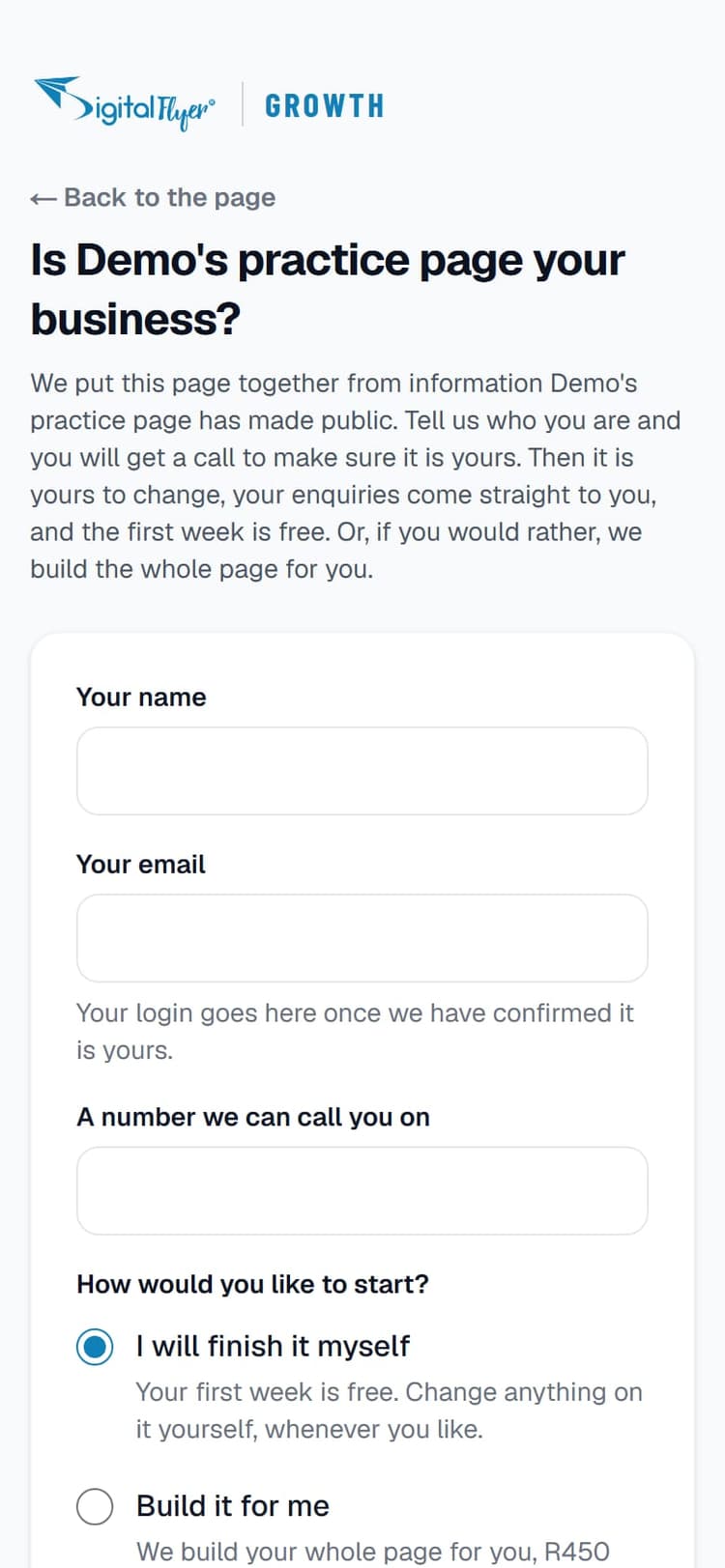 The claim form, with Back to the page at the top