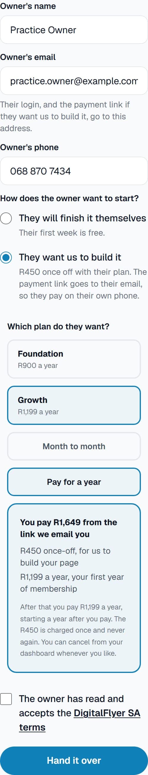 The hand-over form with They want us to build it chosen, Growth for a year