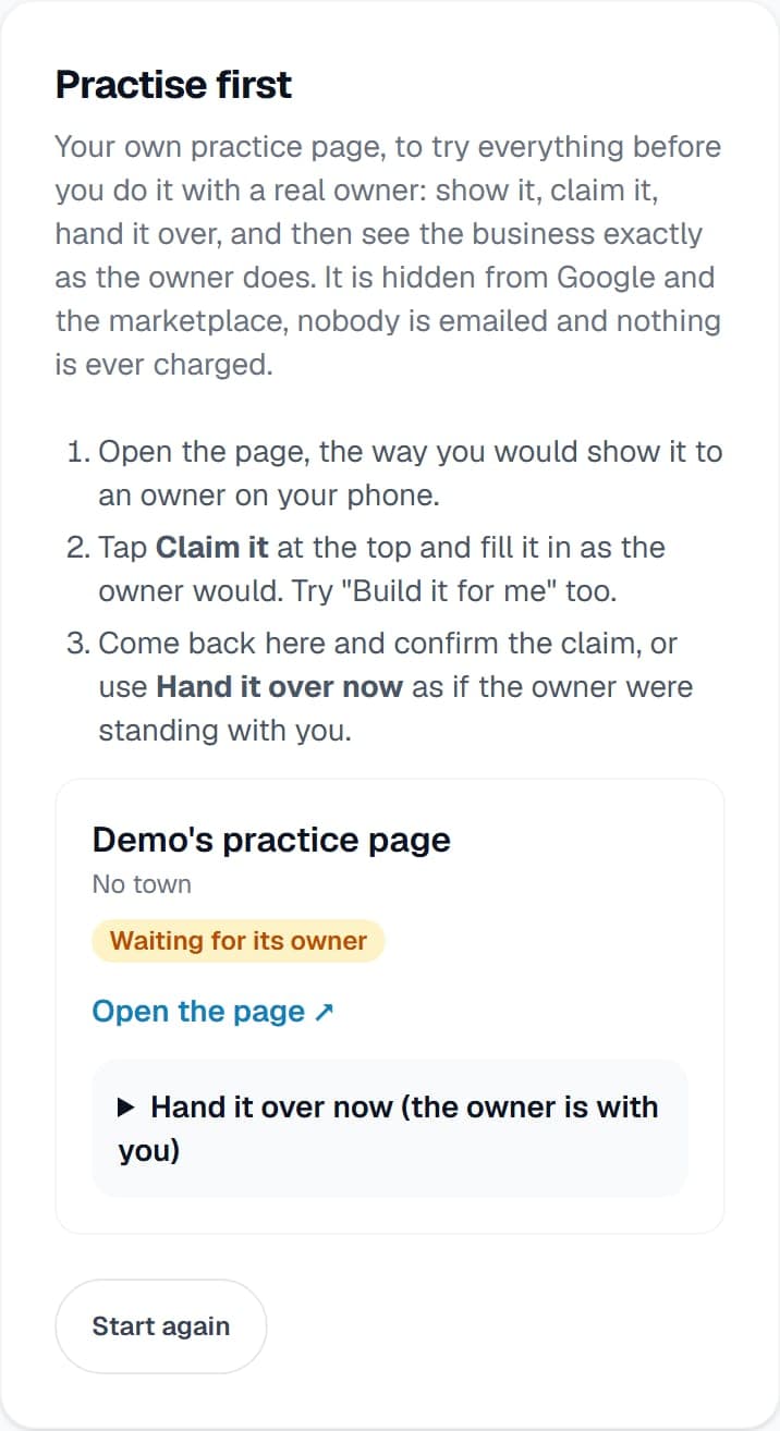 A page's card on the agent dashboard, with Hand it over now under it