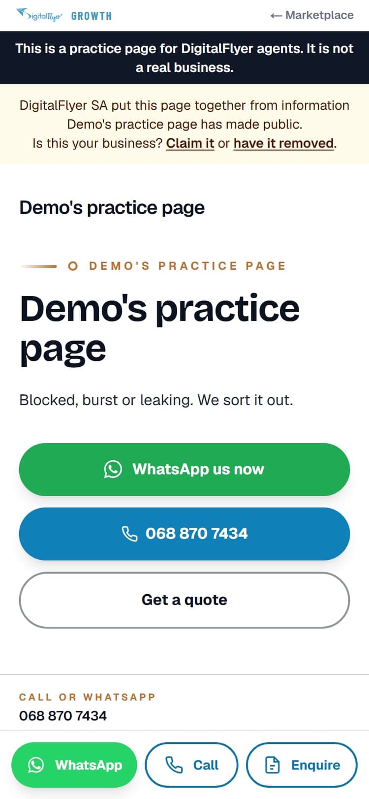 A practice page, marked as practice, with Claim it at the top