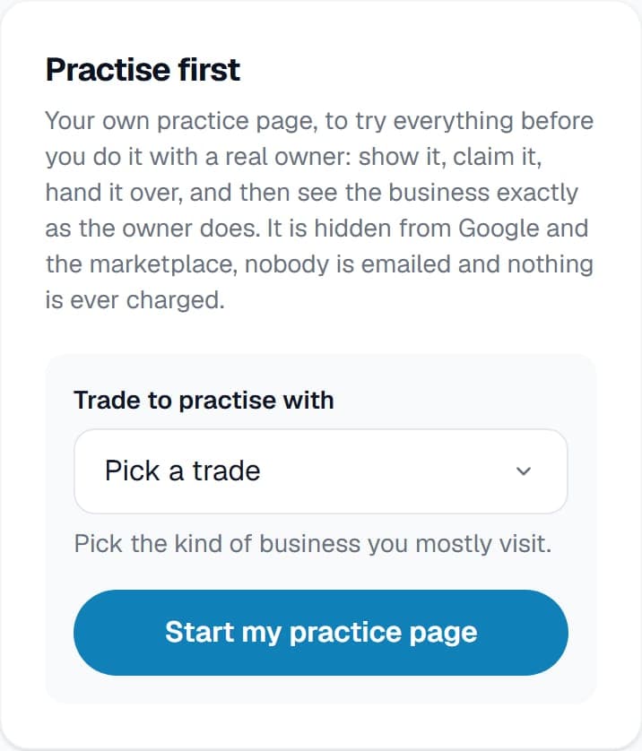 Practise first on the agent dashboard, with a trade to pick and the Start my practice page button
