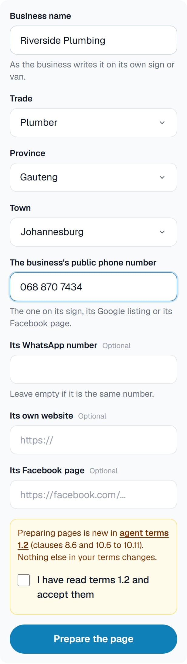 The Prepare a page form, filled in for a business