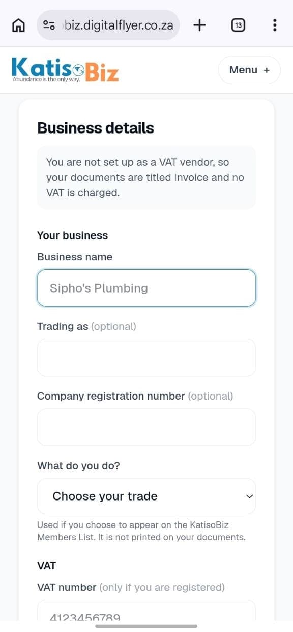 The business details form in Settings