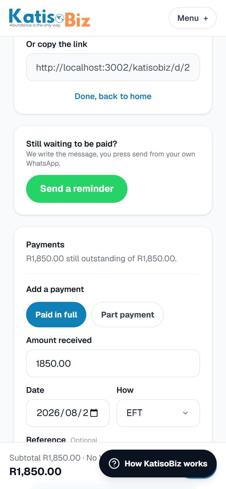 The Payments panel on an invoice, showing the full amount still outstanding