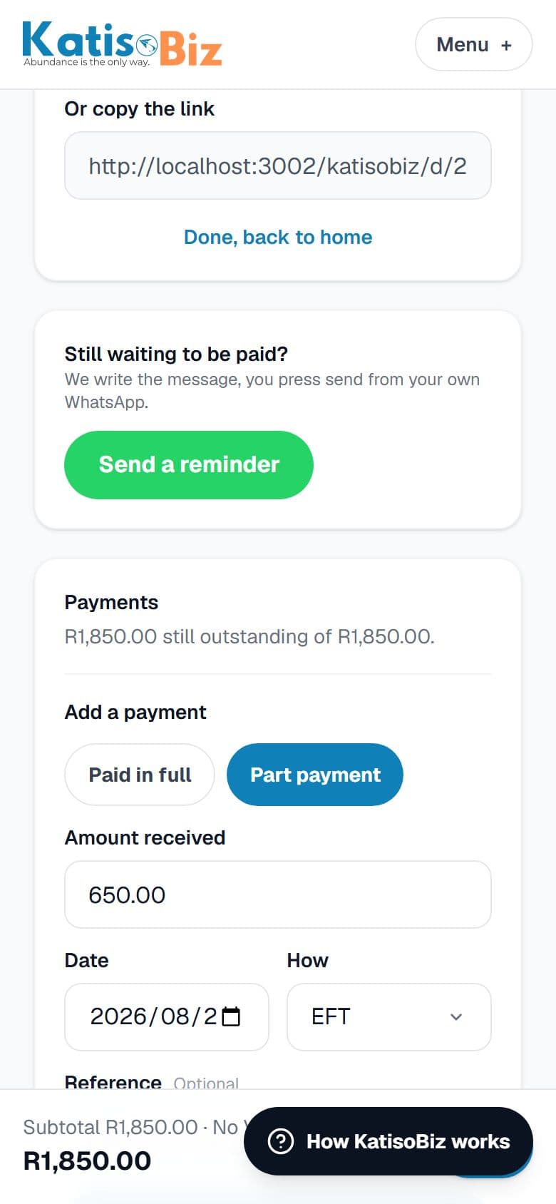 The payment form filled in with a part payment