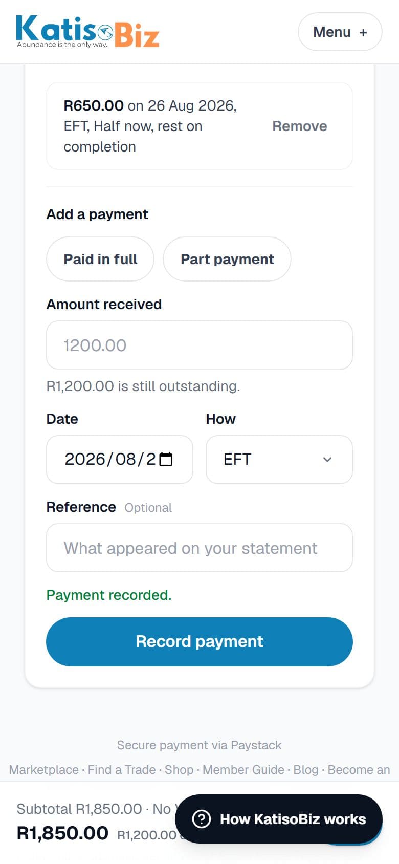 The invoice after the payment is recorded, showing what was received and what is still outstanding
