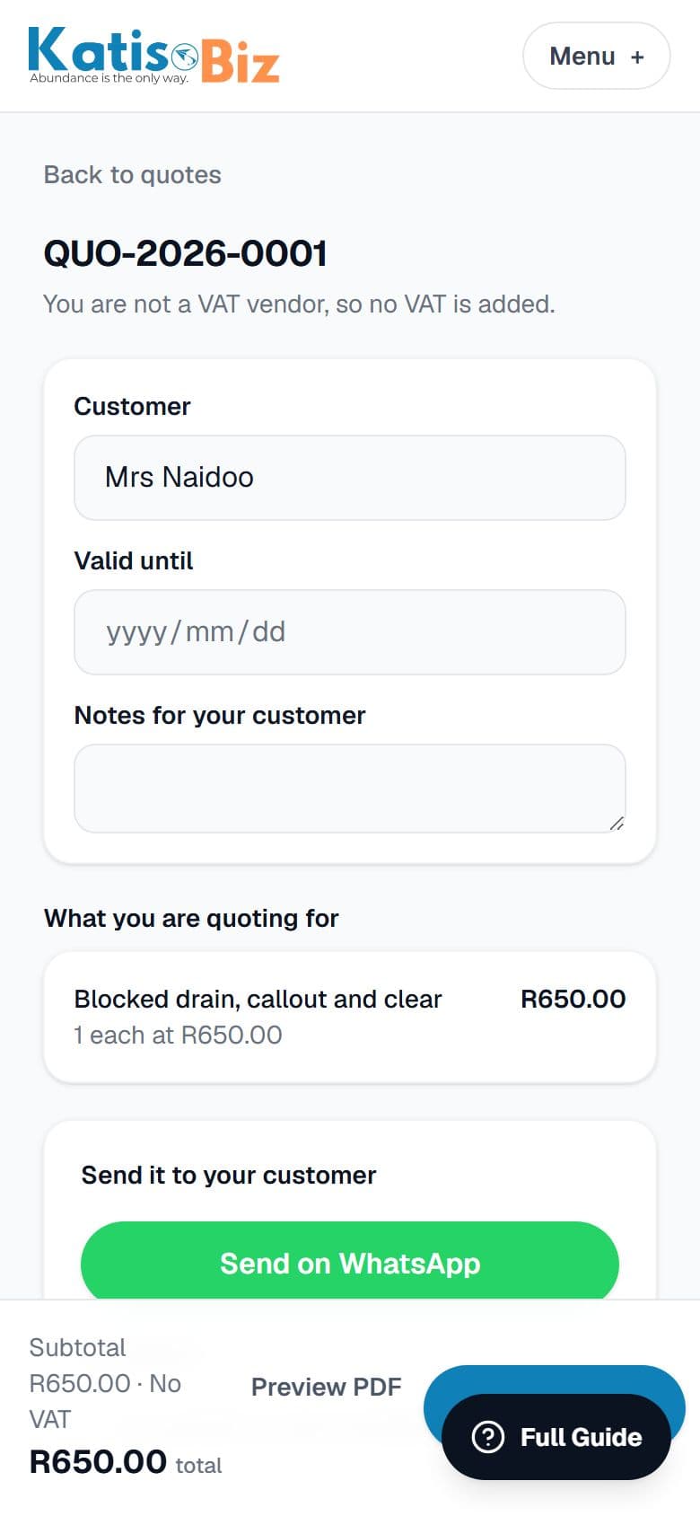 The issued quote, ready to send on WhatsApp or by email