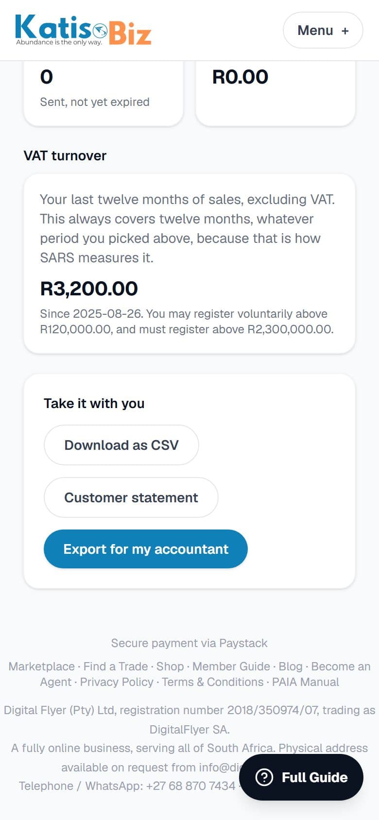 The Reports screen, with Customer statement under Take it with you