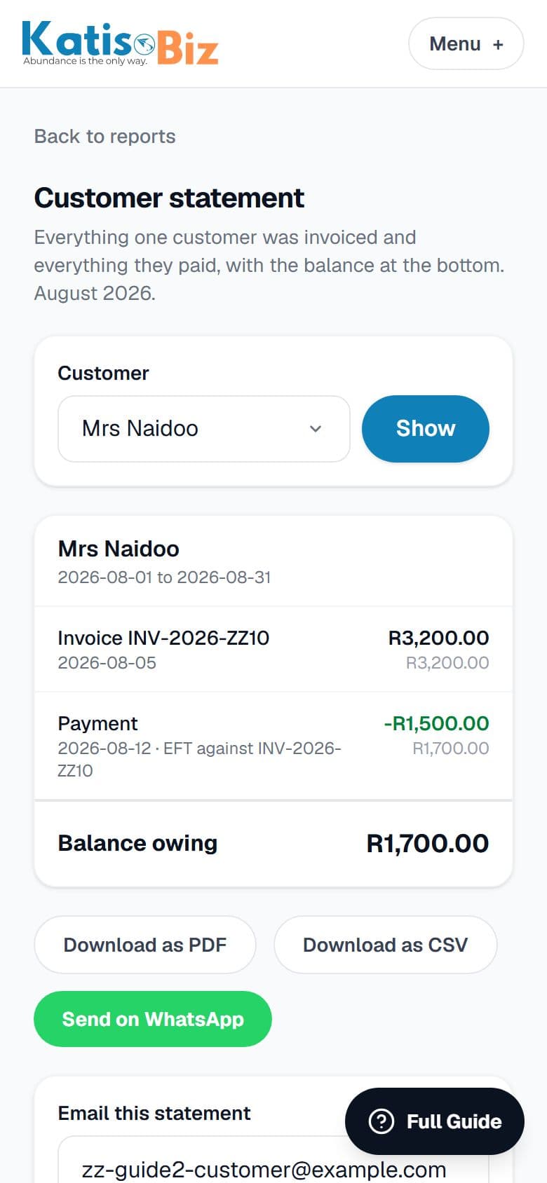 A customer statement listing an invoice and a payment, with the balance owing and the send options below it