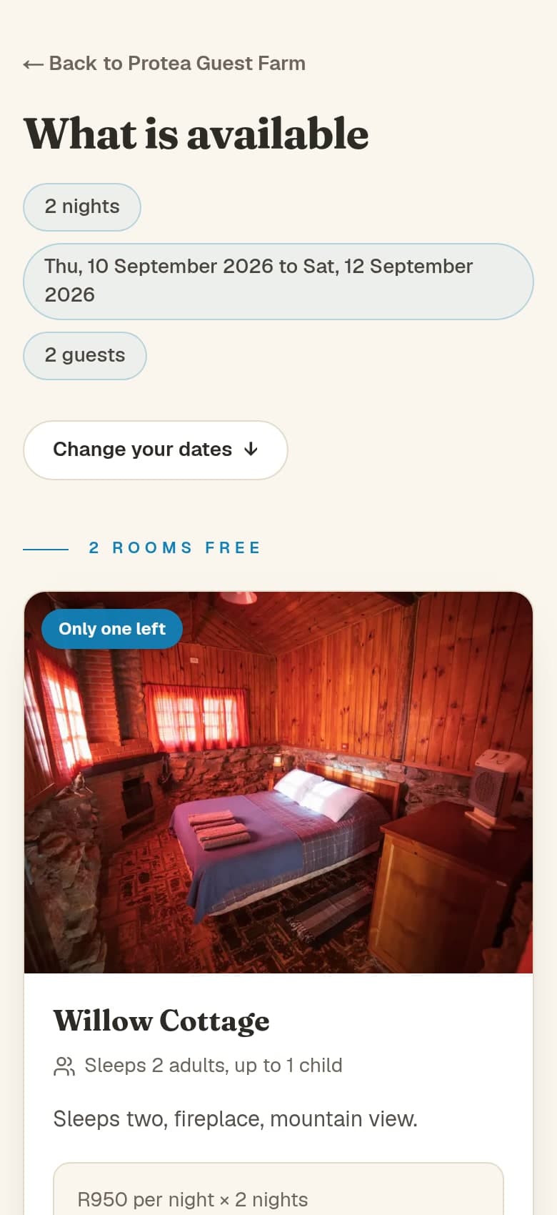 A guest house page showing two rooms free for chosen dates, each with a nightly rate and a total