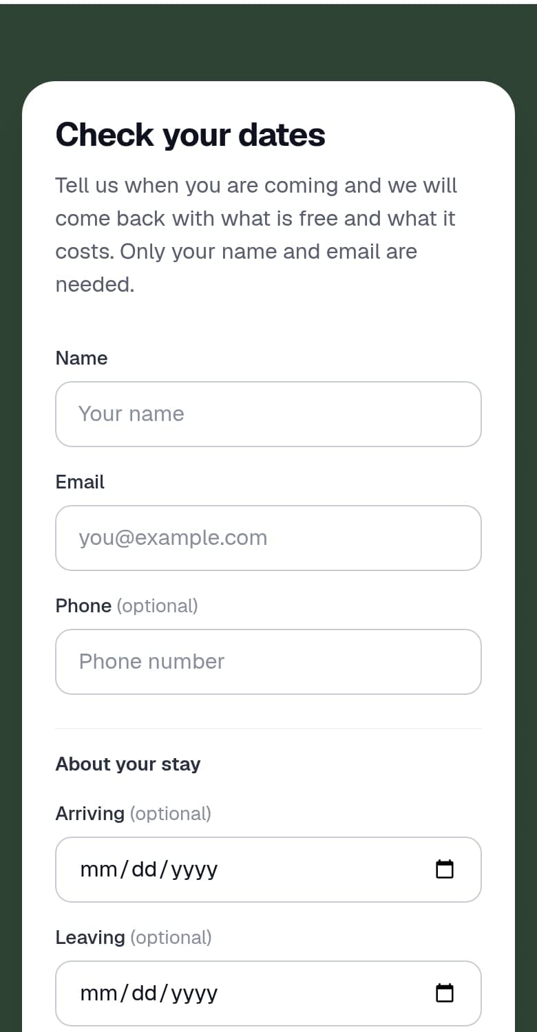 An enquiry form on a guest house page asking for arrival and departure dates and the number of guests