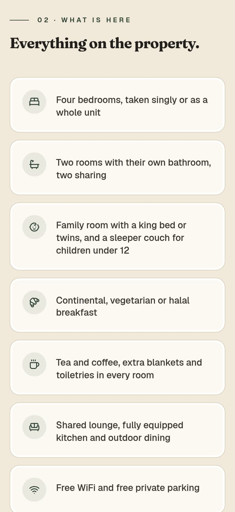 A guest house page on a phone, listing the rooms and what each one has
