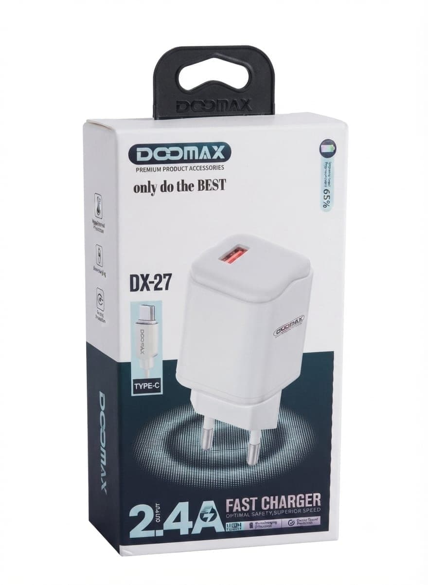 2.4A fast charger wall adapter with a Type-C cable included in the box.