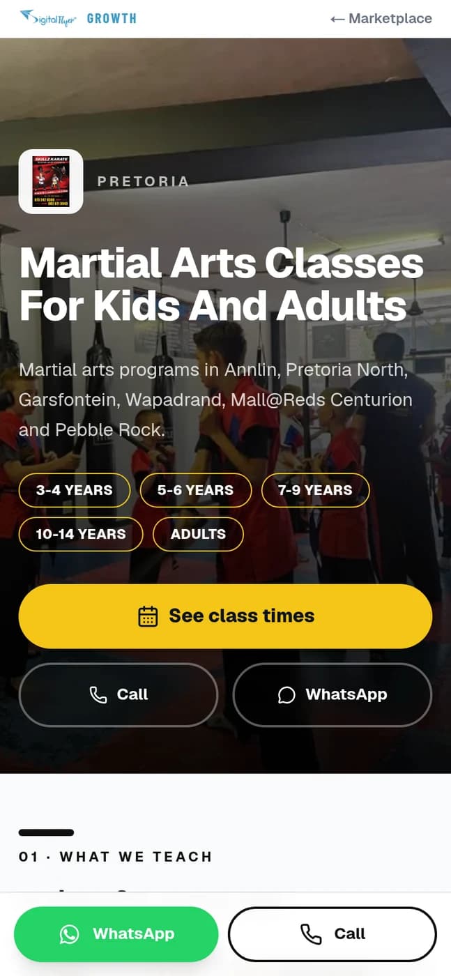 The Master Wests Karate page on a phone, showing the club name and a button to enquire