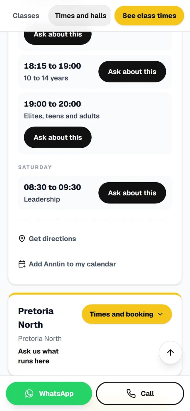 A venue's week of classes with a button reading add this venue to my calendar