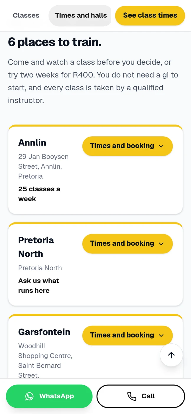 A club timetable on a phone, listing the places it teaches at