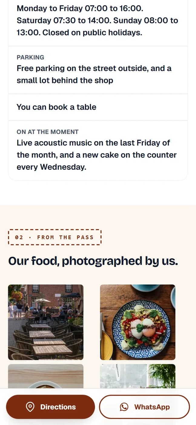 A coffee shop's page showing photographs of the coffee, the food and the room