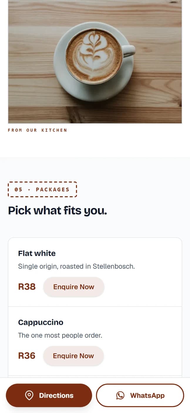 A coffee shop's menu on a phone, listing items and prices as readable text