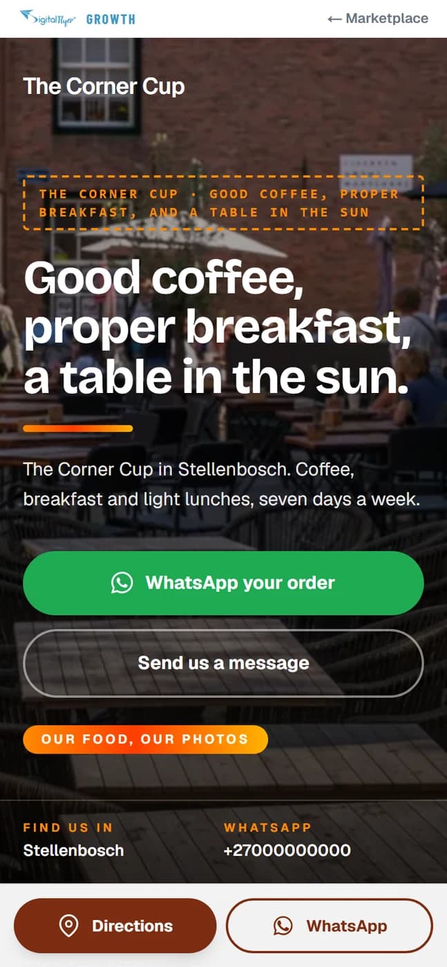 A coffee shop's page on a phone, showing the name and where to find it