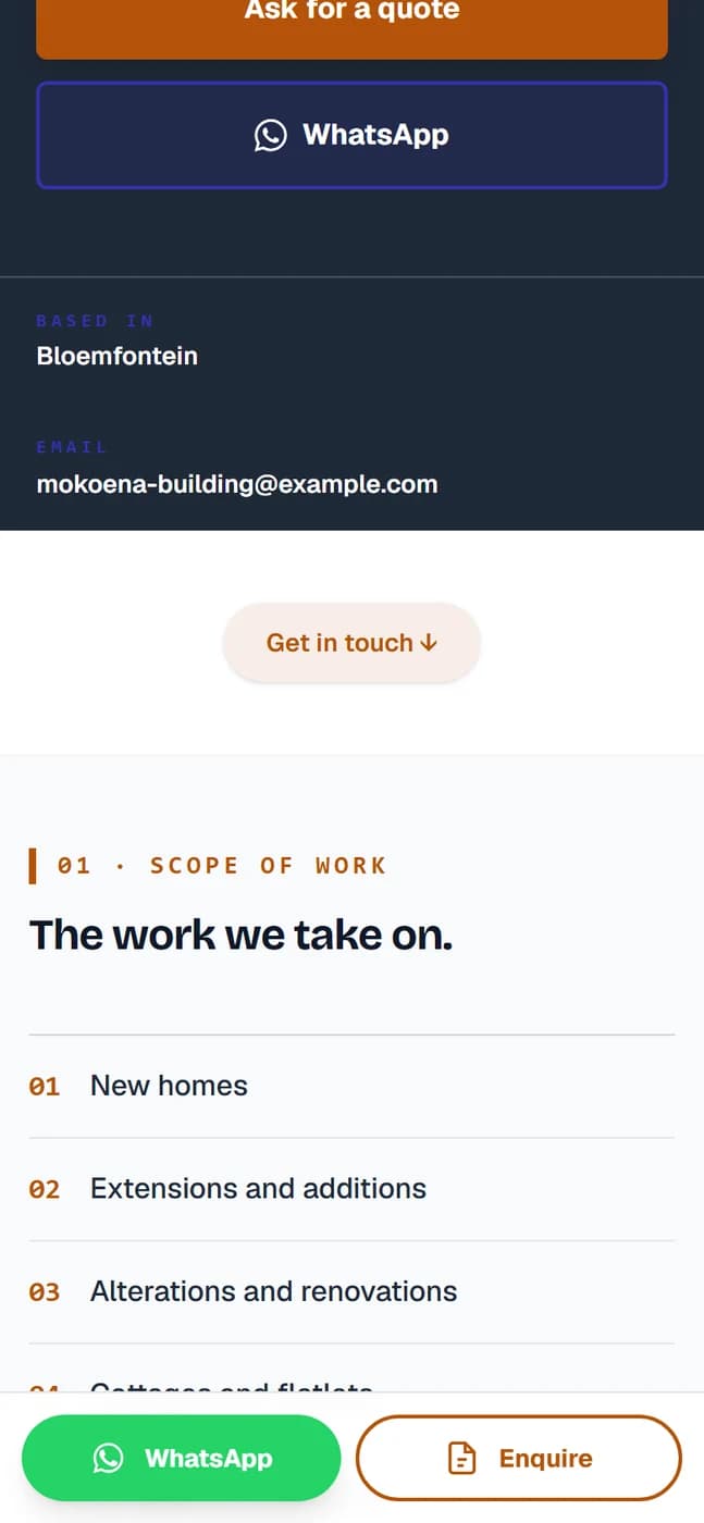 A builder's page listing the work taken on, from new homes to boundary walls