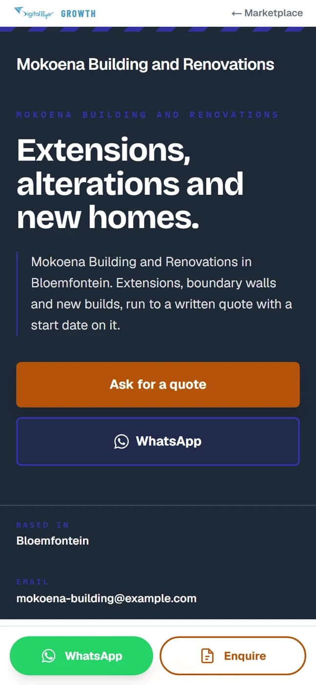 A builder's page on a phone, showing the business name and a quote button