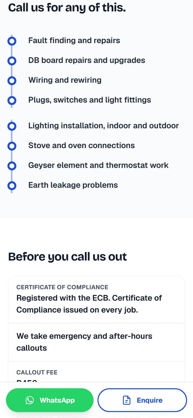 A page section headed before you call us out, listing the certificate of compliance and the areas covered