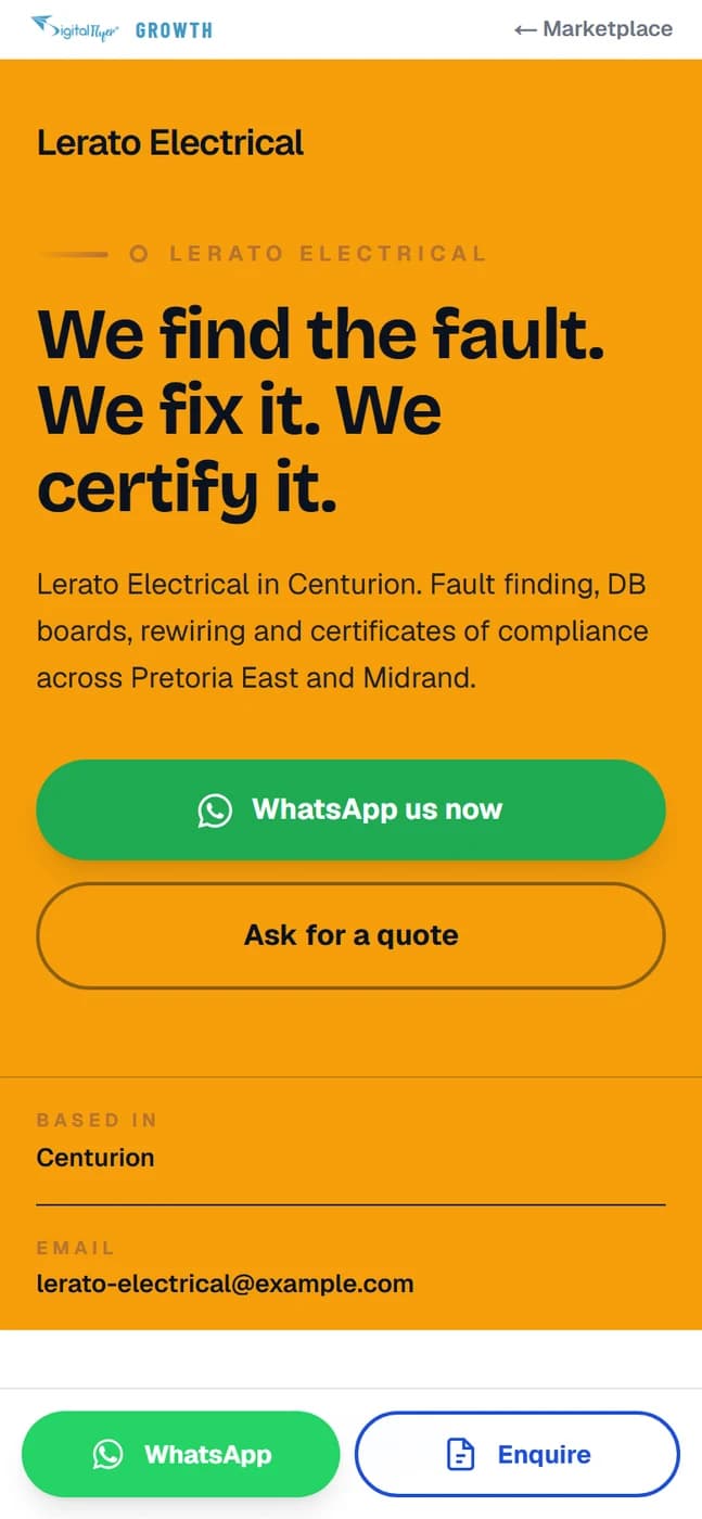 An electrician's page on a phone, showing the business name and a quote button