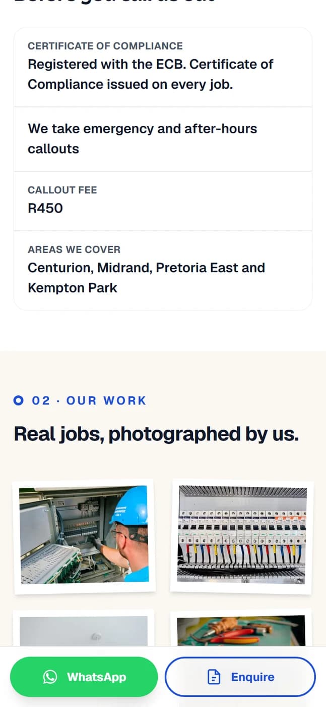 An electrician's page showing photographs of finished work including a wired distribution board