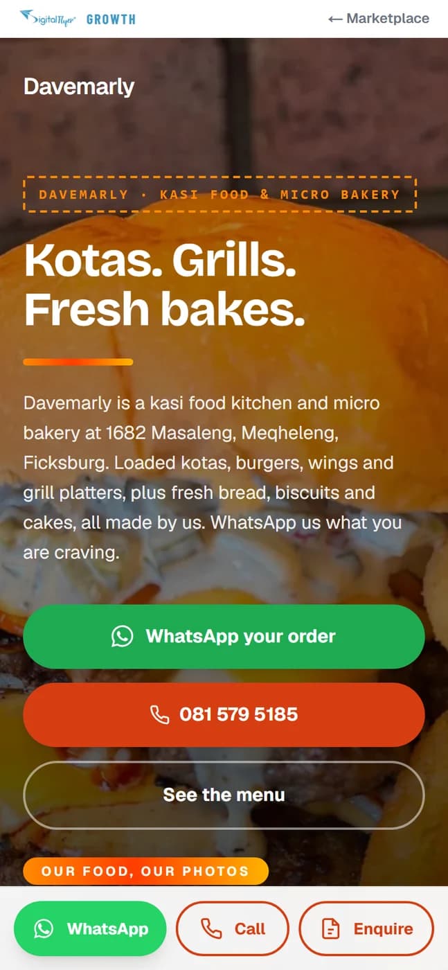A kasi food page on a phone, showing the business name and a button to WhatsApp an order