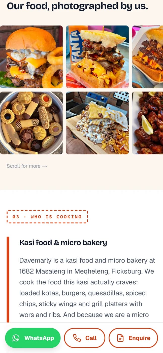 A food page scrolled well down, with the WhatsApp button still fixed at the bottom of the screen