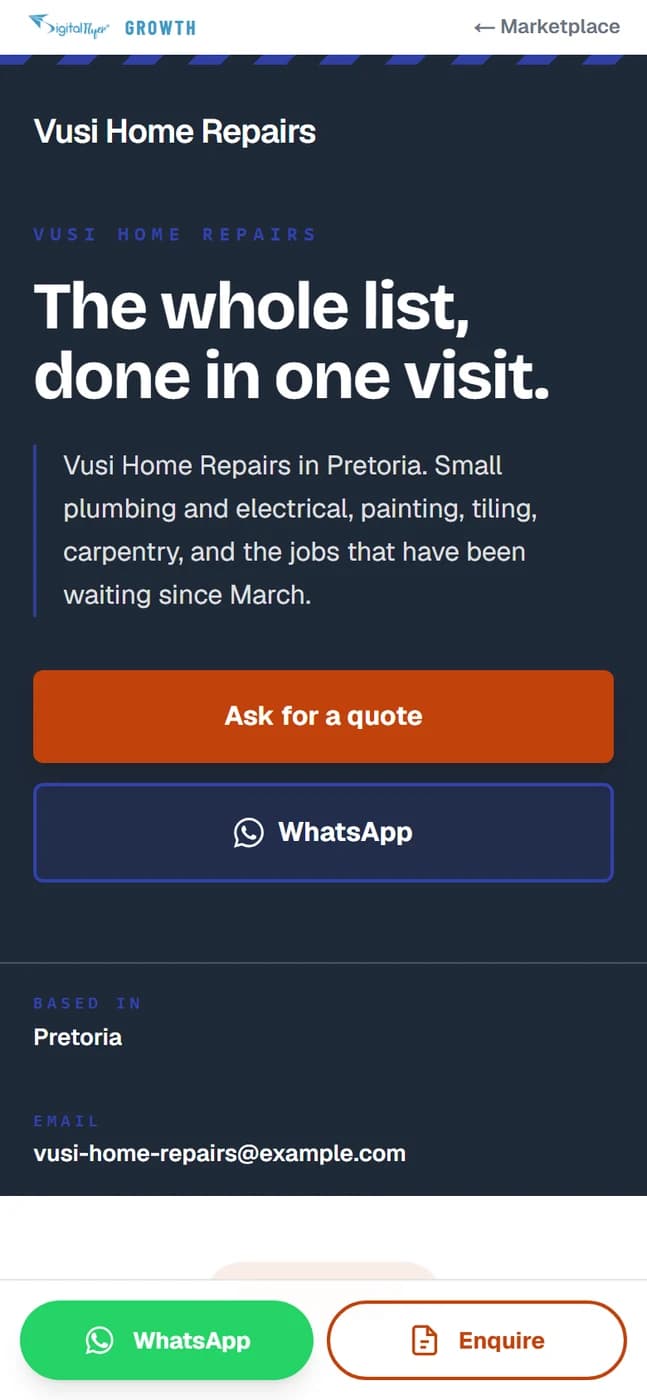 A handyman's page on a phone, showing the business name and a quote button