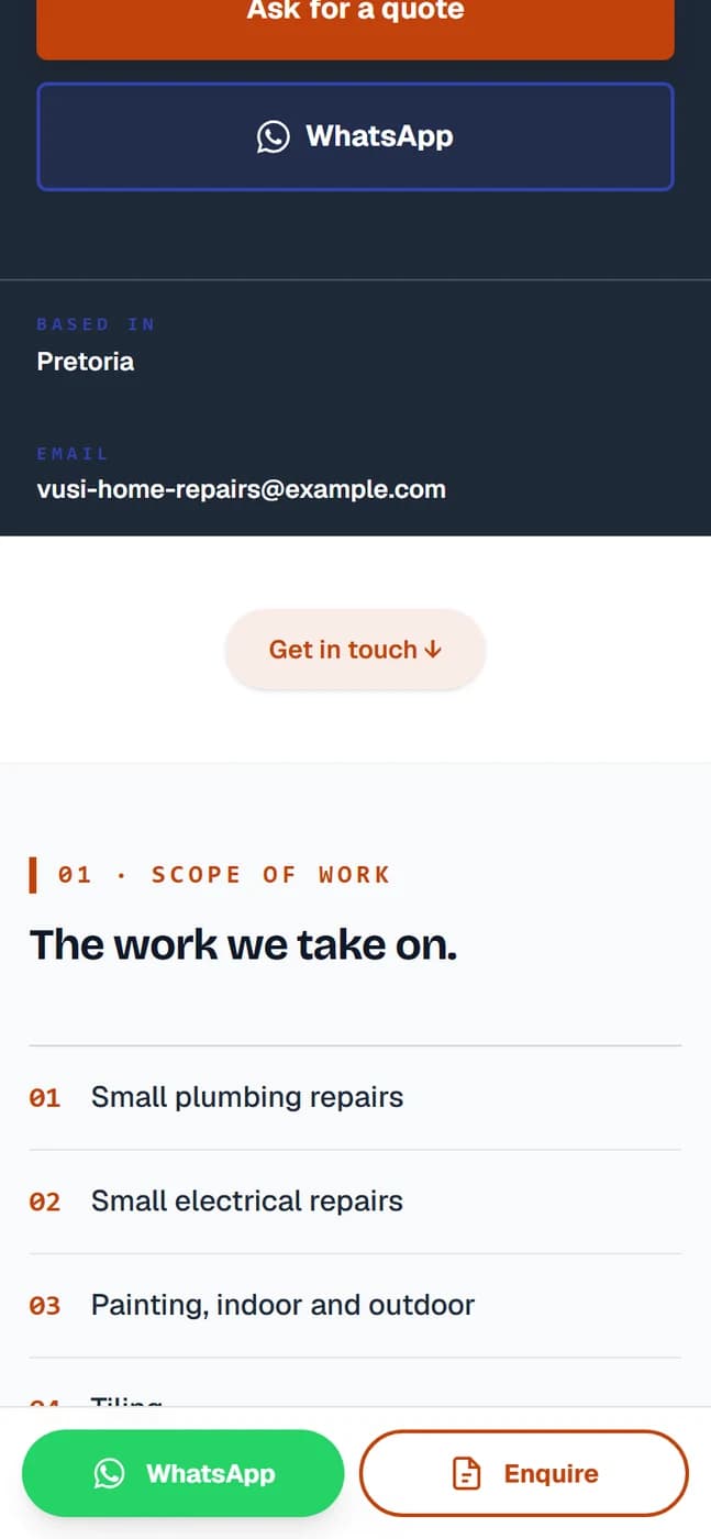 A handyman's page listing plumbing, electrical, painting, tiling and carpentry