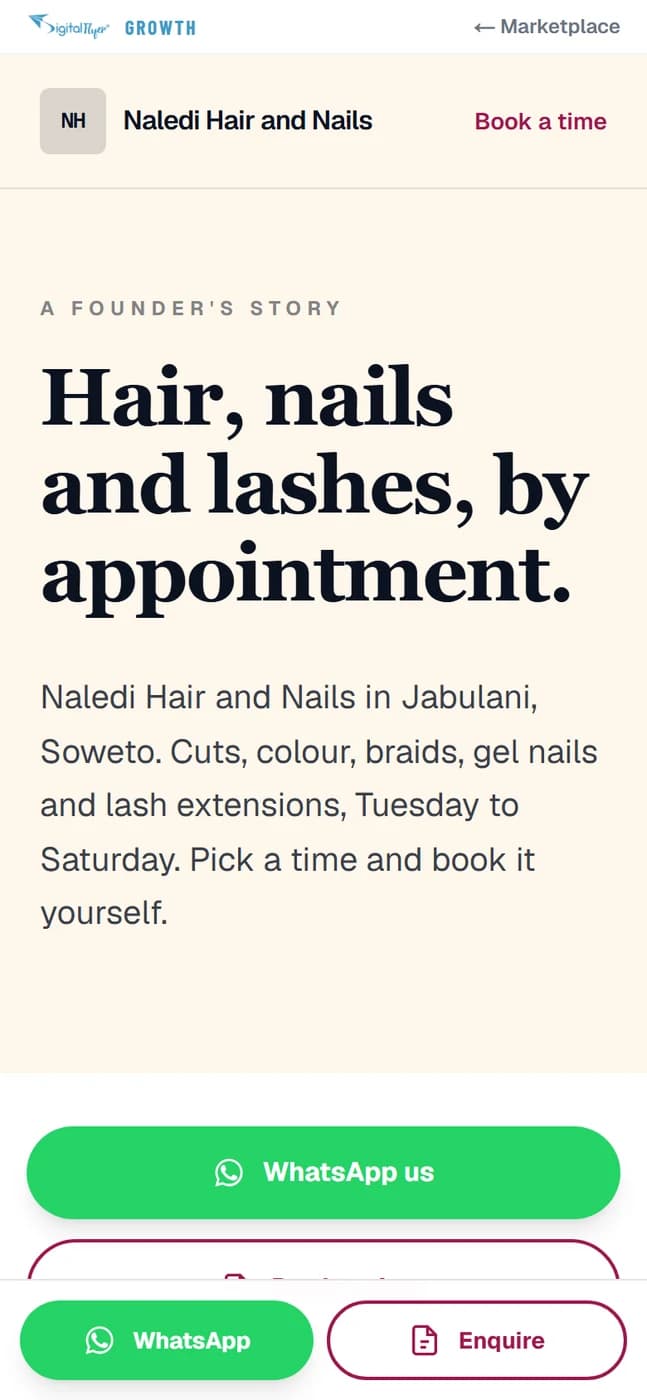 A salon page on a phone, showing the salon name and a button reading book a time