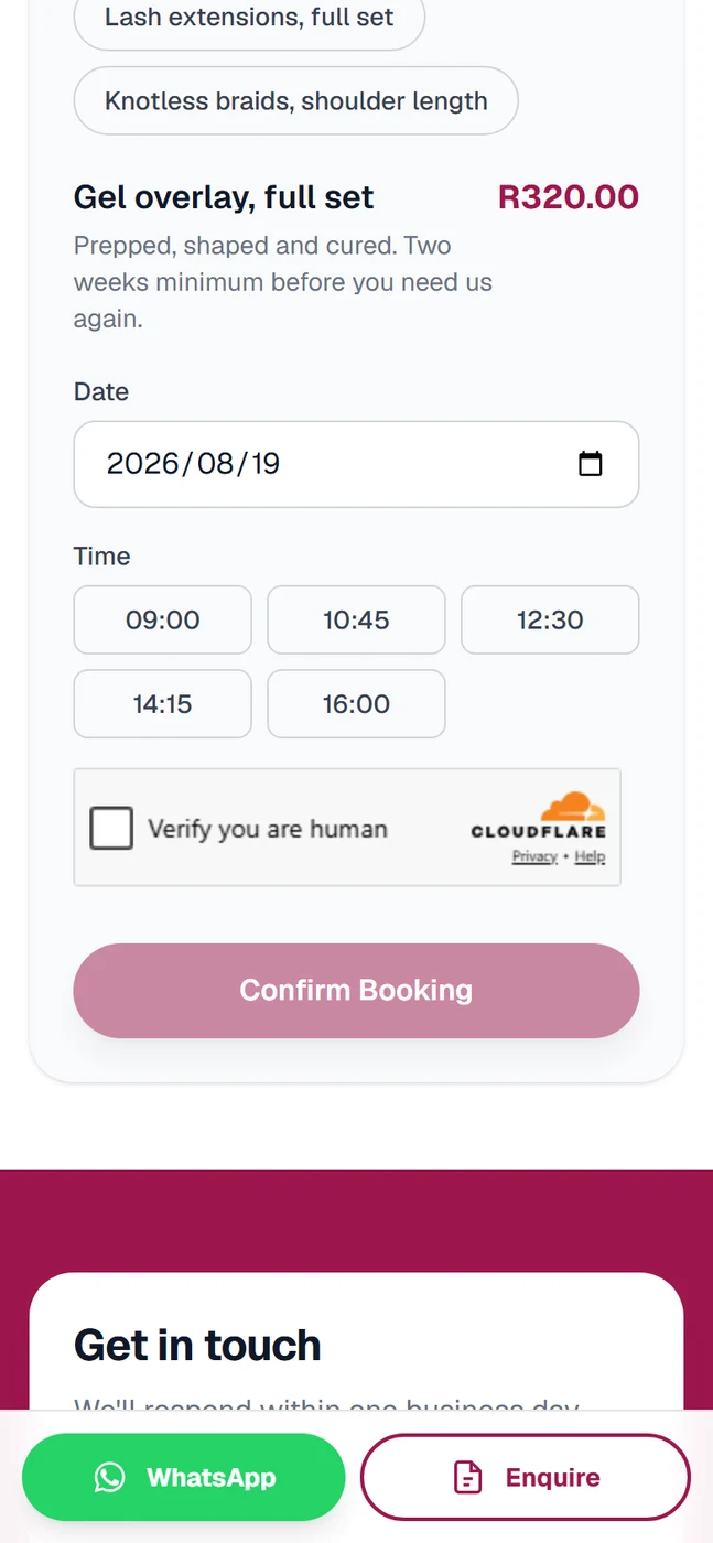 A salon booking on a phone: a treatment chosen, a date picked, and the free times that day listed as buttons