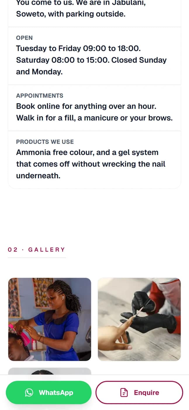 A salon page showing photographs of finished hair and nail work