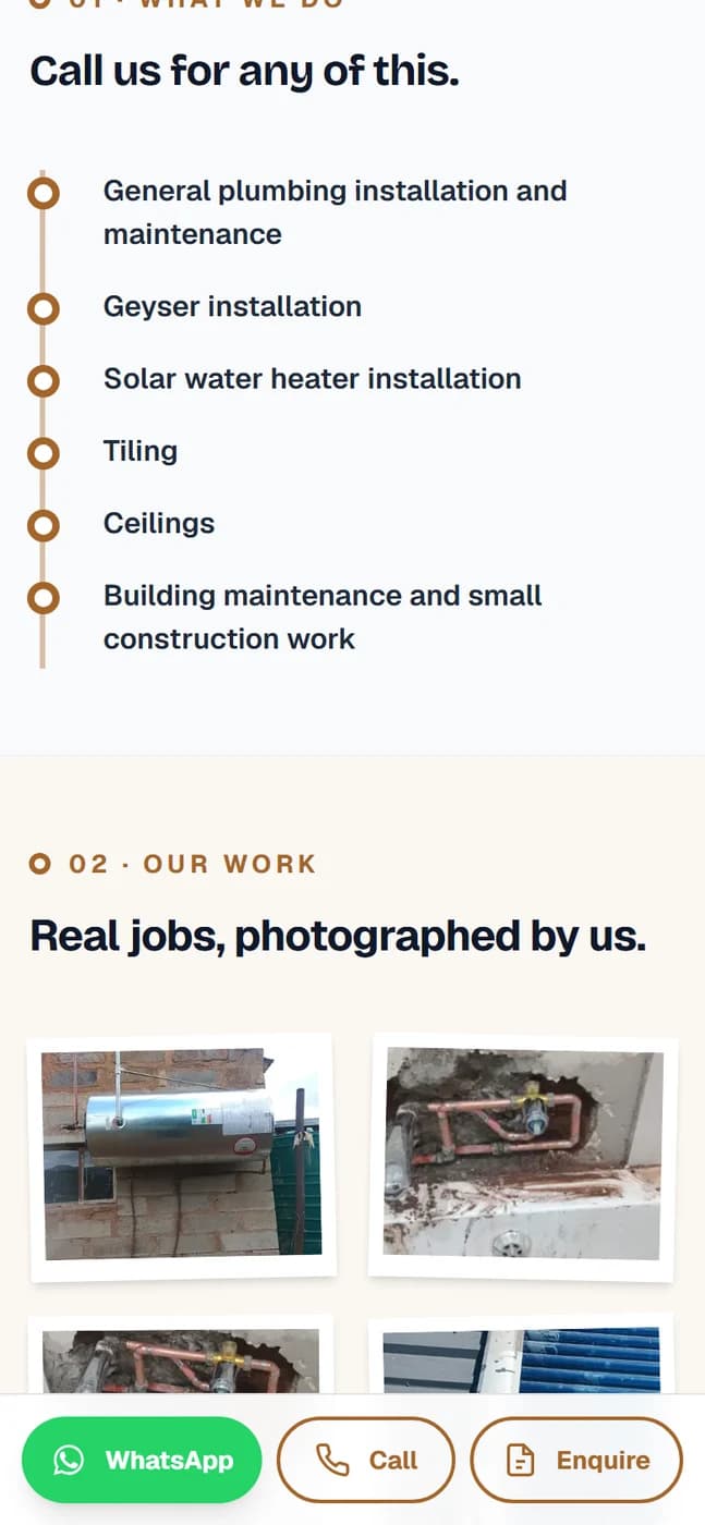 A plumber's page showing photographs of finished jobs