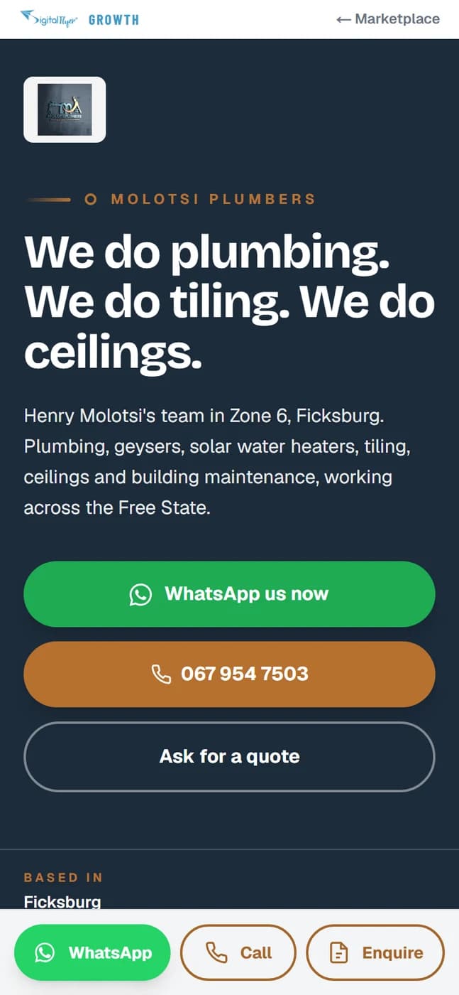 The Molotsi Plumbers page on a phone, showing the business name and a call button
