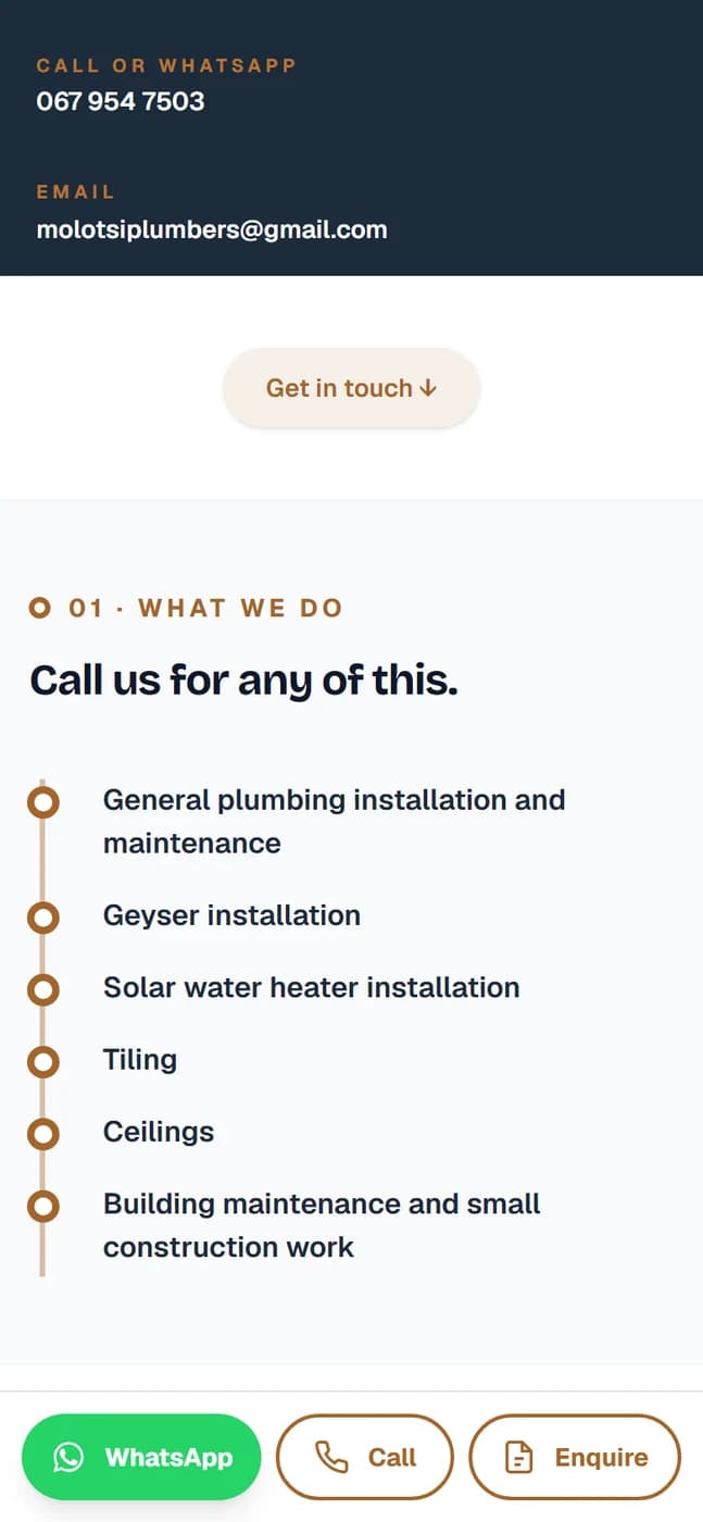 A plumber's page scrolled down, with call and WhatsApp buttons still fixed at the bottom of the screen