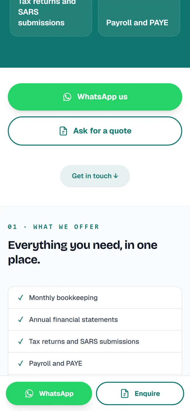 A bookkeeper's page listing bookkeeping, payroll, VAT and annual returns
