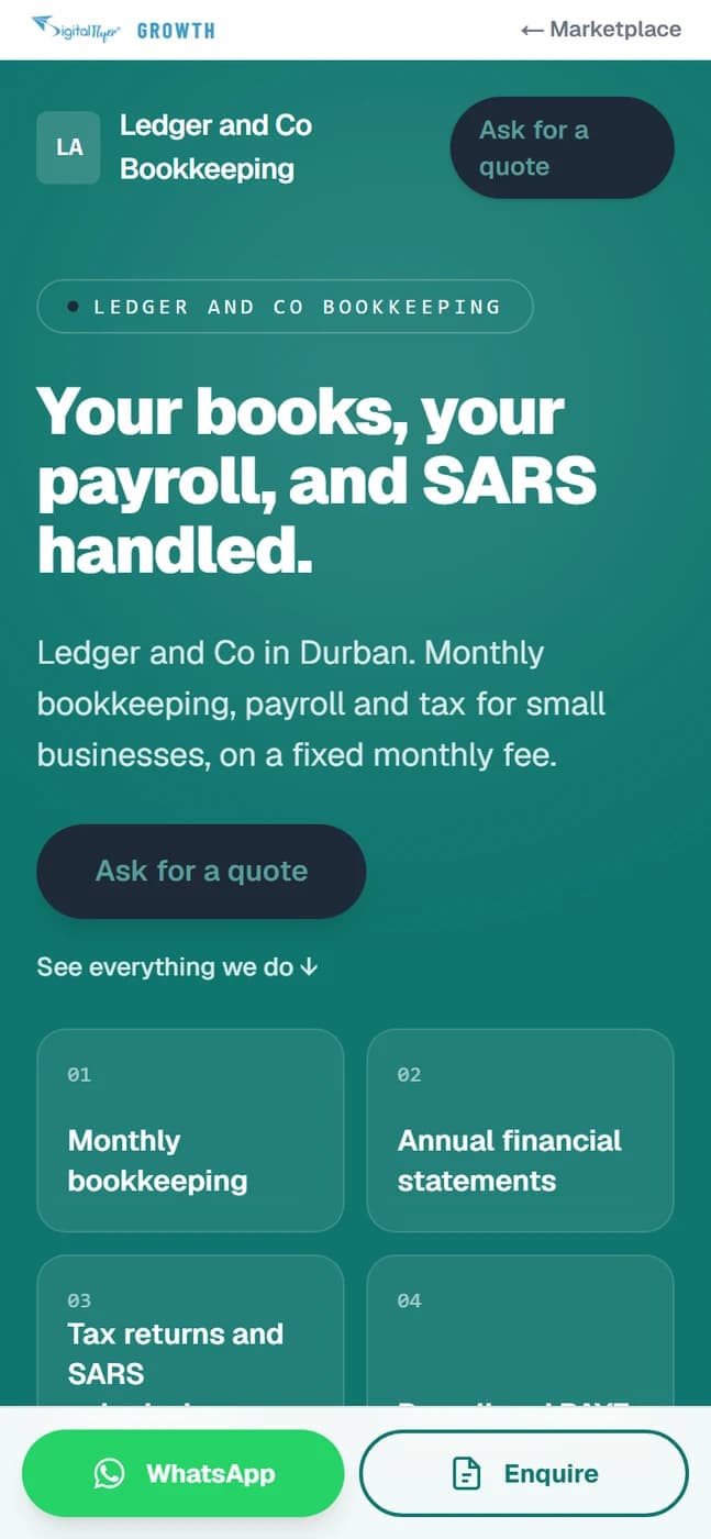 A bookkeeper's page on a phone, showing the practice name and a quote button