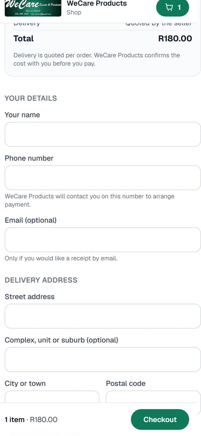 A shop checkout on a phone asking for a name, a number and a delivery address, with the basket and total beside it