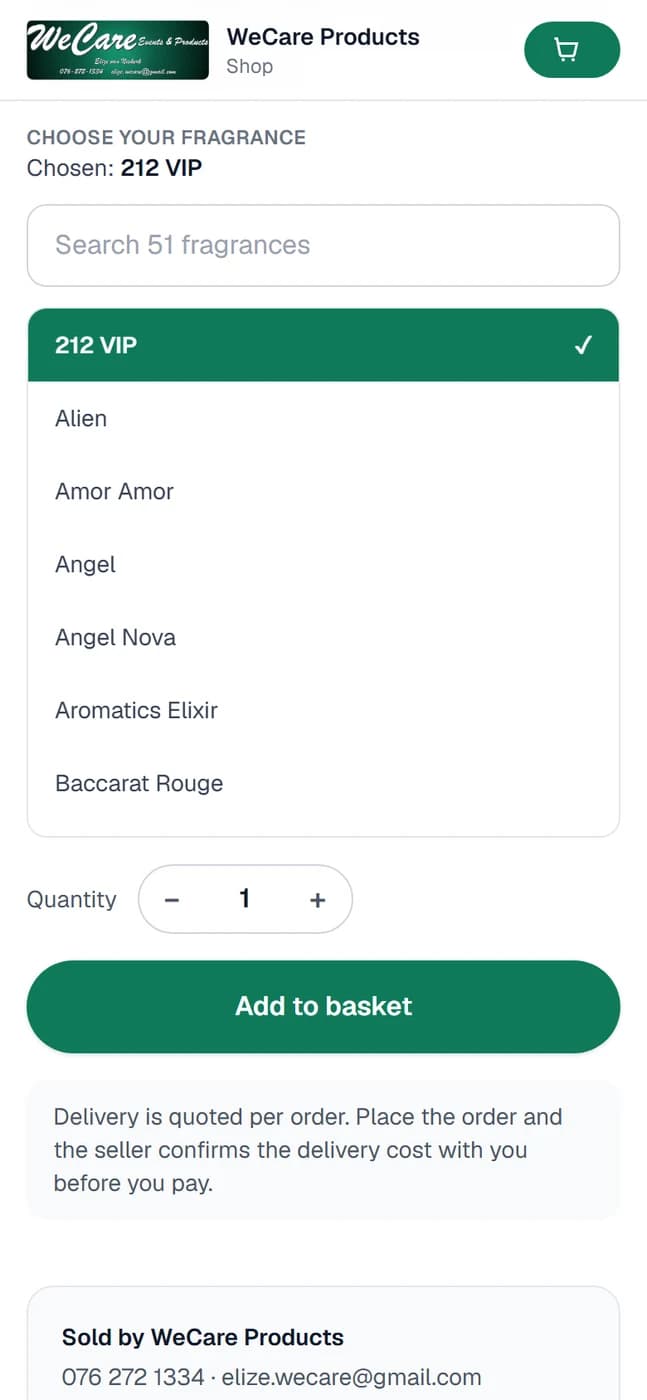 A product page on a phone with a long list of fragrances to choose from and a quantity box