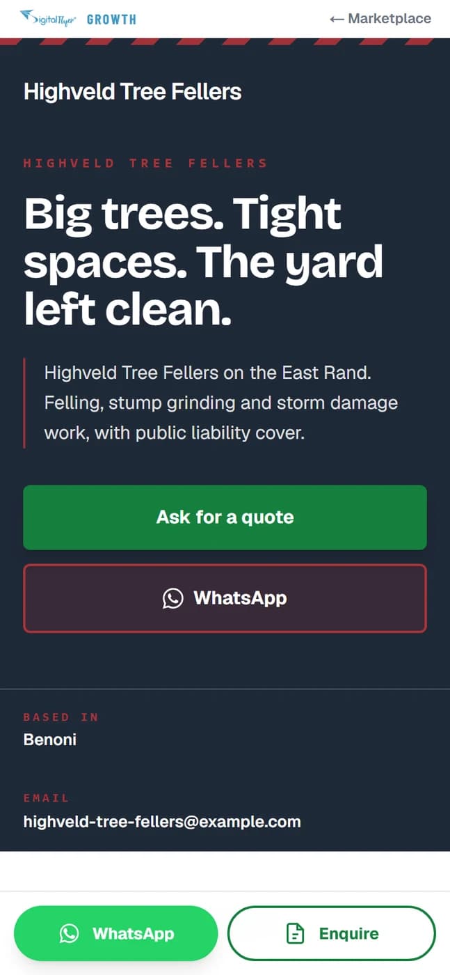 A tree feller's page on a phone, showing the business name and a quote button