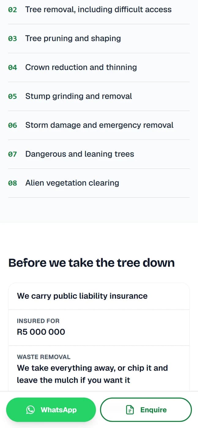 A page section headed before we take the tree down, stating public liability cover and the amount insured for