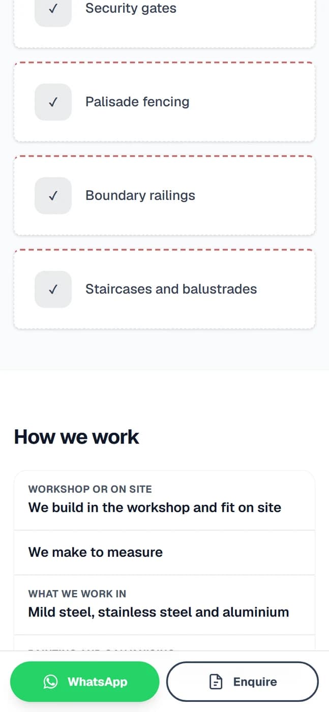 A page section headed how we work, listing the areas covered and the usual lead time