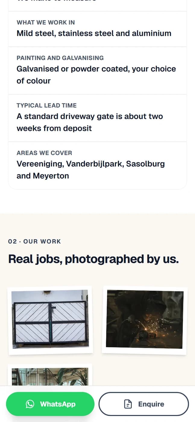 A steel workshop's page showing photographs of a gate, welding and a balustrade