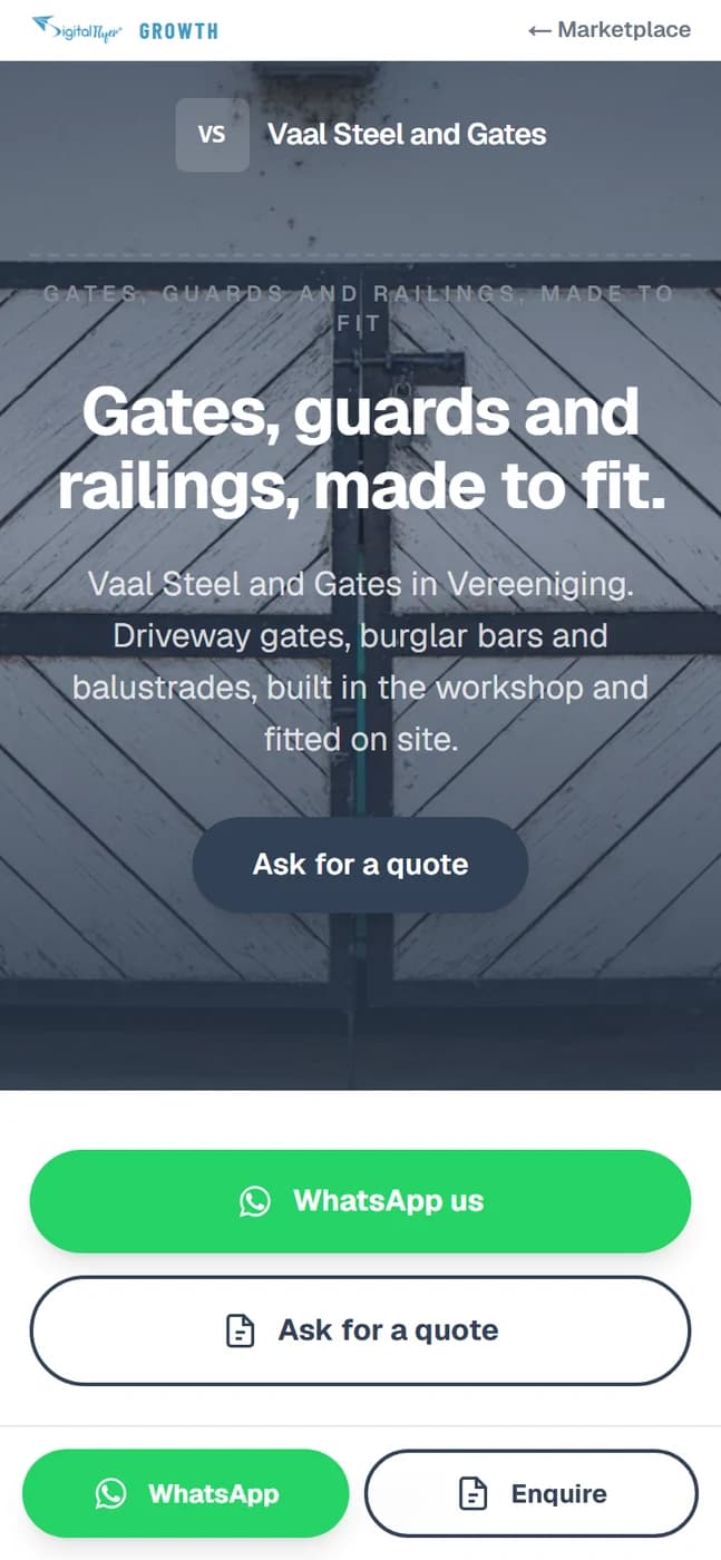 A steel workshop's page on a phone, showing the business name and a quote button